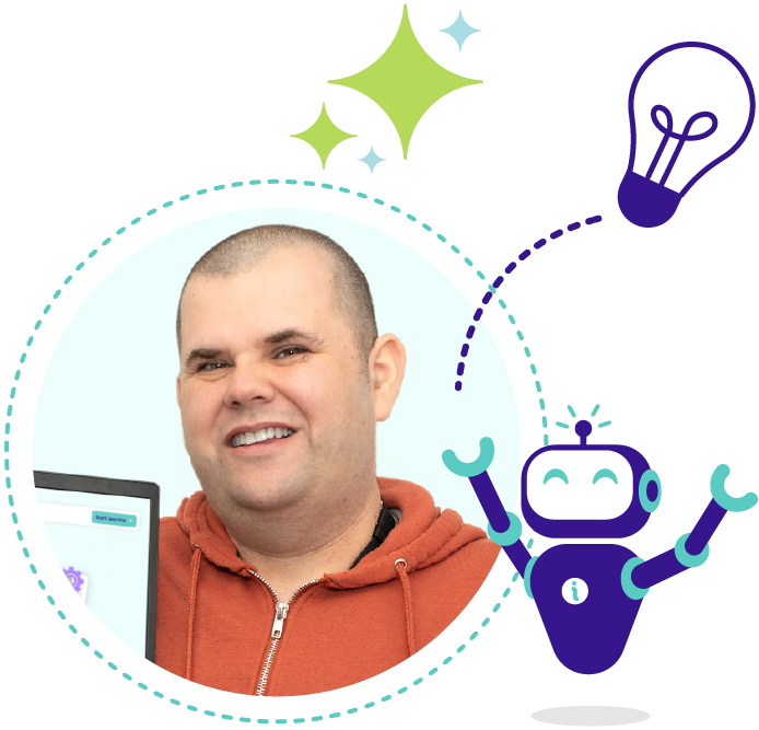 Portrait of a smiling man in a circular frame with illustrated sparkles, a lightbulb and a cartoon robot.