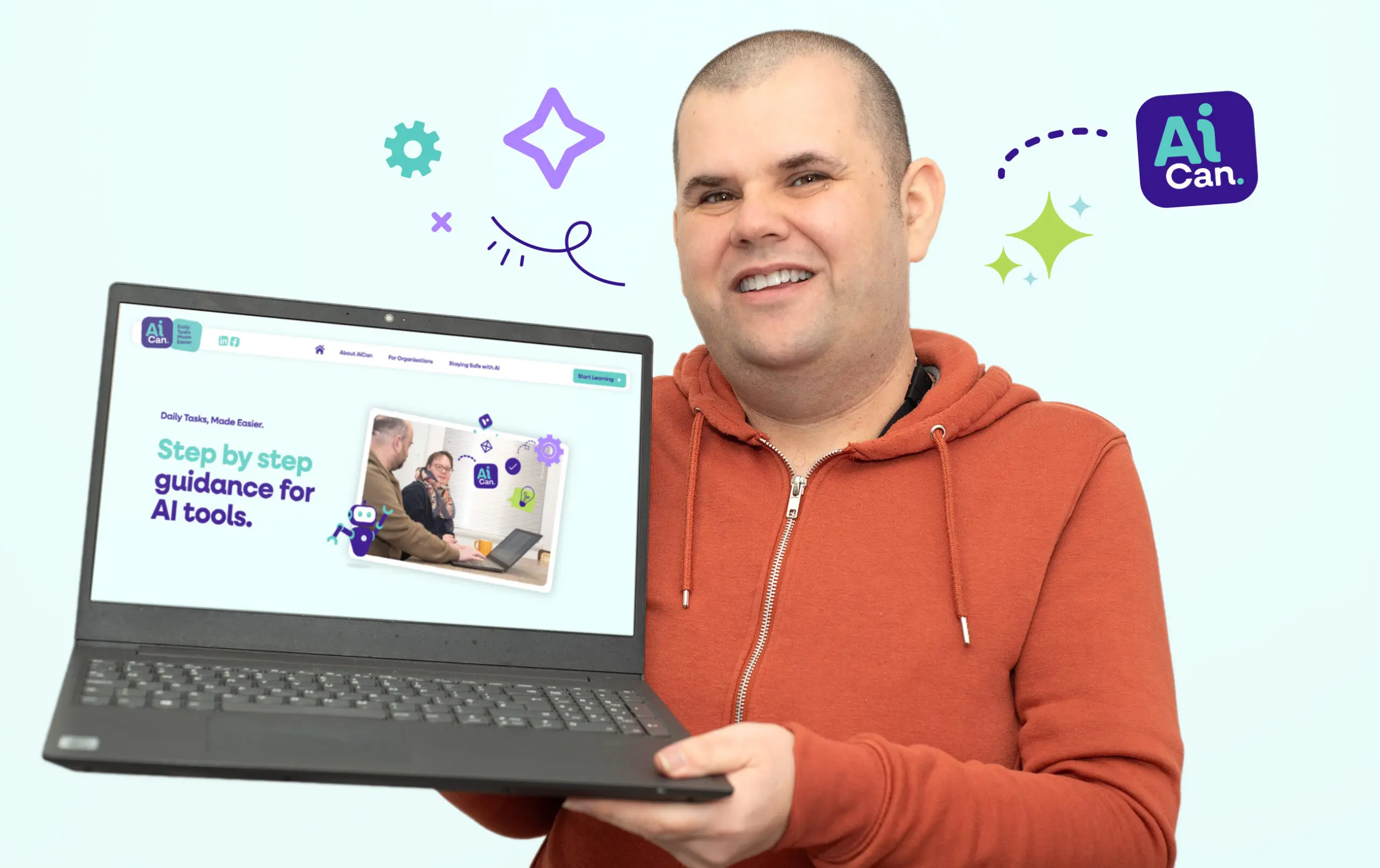 Person holding a laptop displaying the AiCan logo and the words ‘Daily Tasks Made Easier’.